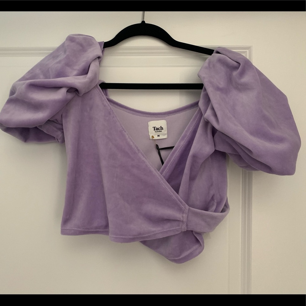 TACH purple puffed sleeve crop top